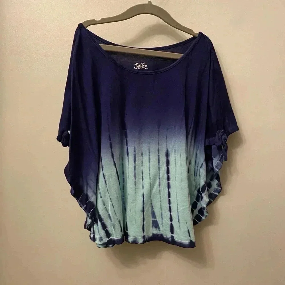 Justice girls 7/8 blue and aqua tie dye flowy batwing top medium